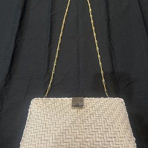 Vintage Cappagallo Off White Basket Weave Wicker Clutch Bag Gold Chain #347